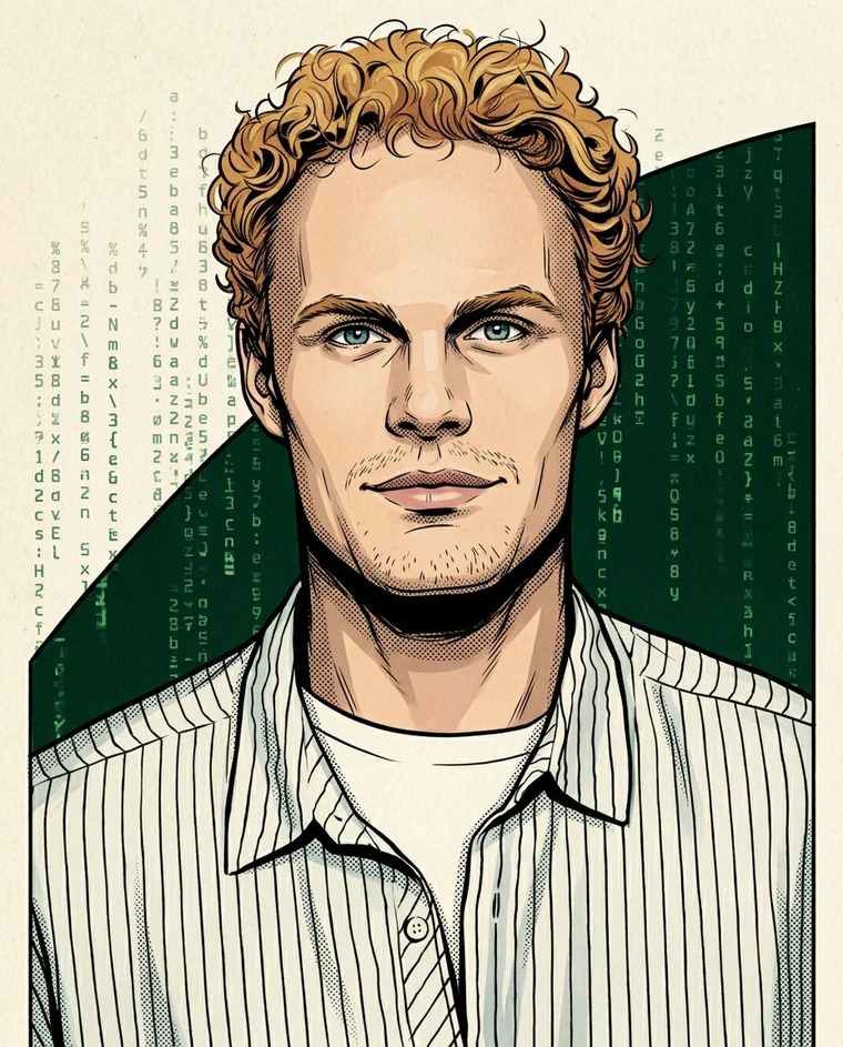 Comic-style portrait of Kristian Krogh Bang